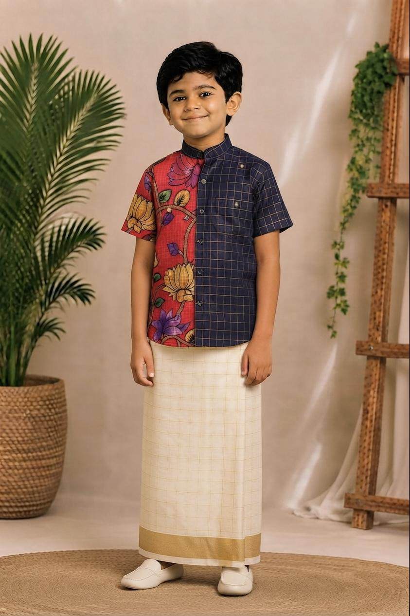 (BE004) Neelan Festive Half-and-Half Fusion Shirt with Dhoti Set