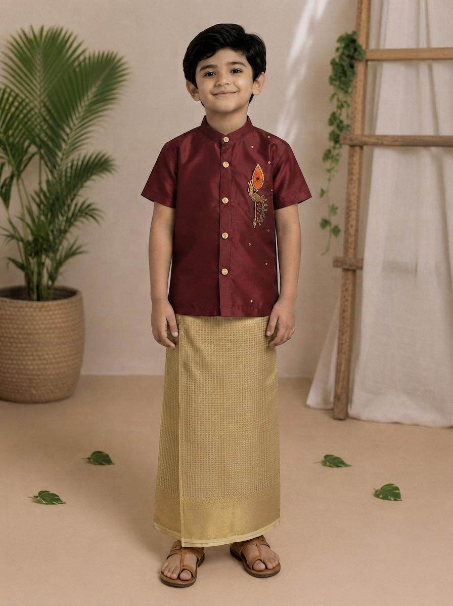 (BE005) Sevvarnam Boys Ethnic Wear Set with Gold Zari Accents
