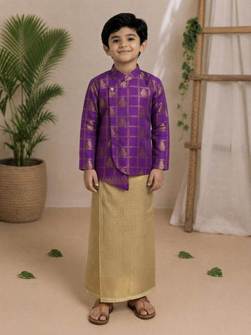 (BE006) Neelambaram silk-blend boys' ethnic set with an asymmetric hem