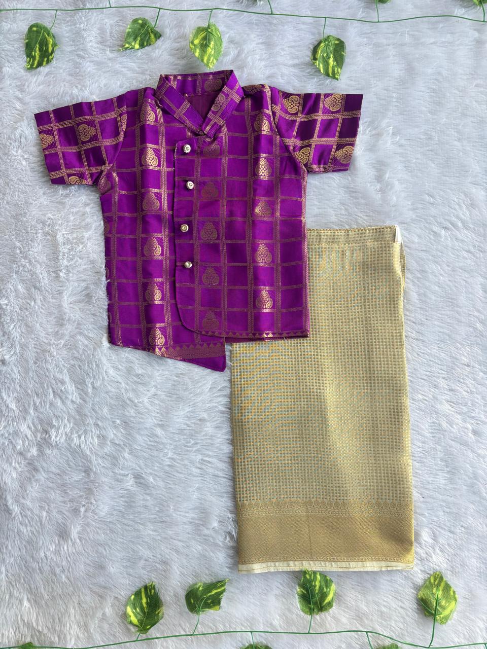 (BE006) Neelambaram silk-blend boys' ethnic set with an asymmetric hem
