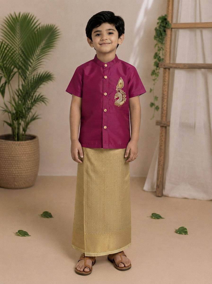 (BE007) Manichayal Traditional boys shirt and veshti set for festive occasions