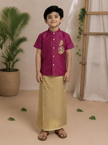 (BE007) Manichayal Traditional boys shirt and veshti set for festive occasions