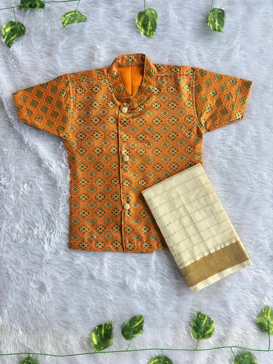 (BE009) Kanalvannam Boys Geometric Festive Shirt and Veshti Set