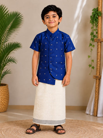 (BE010) Classic Royal Blue Festive Kurta and Veshti Set for Boys