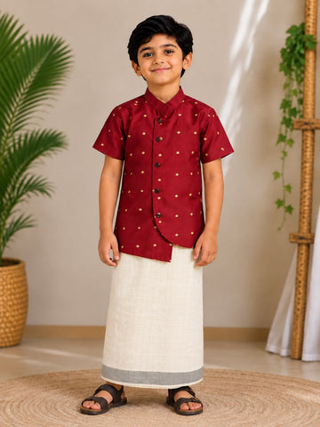(BE011)Traditional Royal Maroon Festivity Outfit with Asymmetric Button Kurta