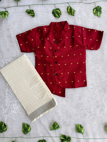 (BE011)Traditional Royal Maroon Festivity Outfit with Asymmetric Button Kurta