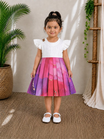 (CF010) Elegant Flutter-Sleeve Frock with  Pink Marble-Print Frock