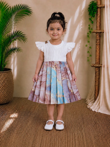 (CF011) Elegant Flutter-Sleeve Frock with Earthy brown Marble-Print Frock