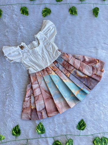 (SCC005) Vibrant Multitonal Marble-Print Frock and Matching Shirt Outfit for Kids