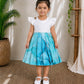 (CF012) Elegant Flutter-Sleeve Frock with Cool Blue Marble-Print Frock