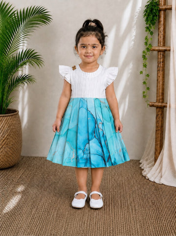 (CF012) Elegant Flutter-Sleeve Frock with Cool Blue Marble-Print Frock