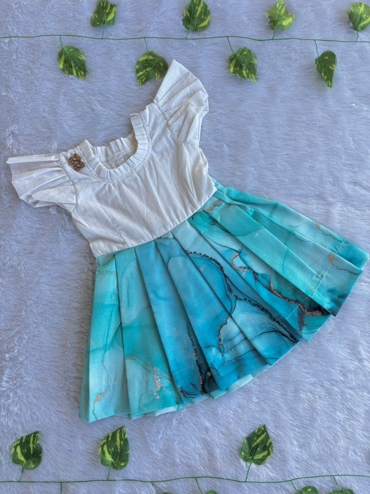 (CF012) Elegant Flutter-Sleeve Frock with Cool Blue Marble-Print Frock