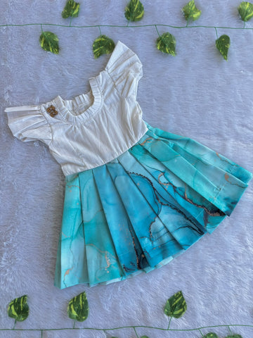 (CF012) Elegant Flutter-Sleeve Frock with Cool Blue Marble-Print Frock