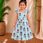(CF014) Light Blue Lord Krishna Printed Flutter-Sleeve Pleated Frock
