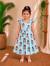 (CF014) Light Blue Lord Krishna Printed Flutter-Sleeve Pleated Frock