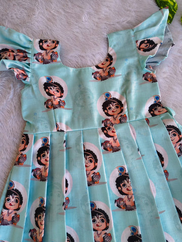 (CF014) Light Blue Lord Krishna Printed Flutter-Sleeve Pleated Frock