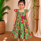 (CF013) Emerald Green and Multicolor Traditional Floral Print Frock with Bow Accent