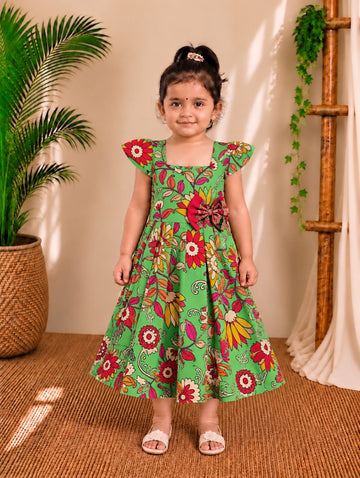 (CF013) Emerald Green and Multicolor Traditional Floral Print Frock with Bow Accent