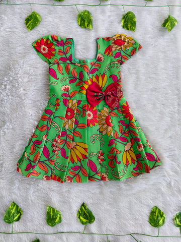 (CF013) Emerald Green and Multicolor Traditional Floral Print Frock with Bow Accent