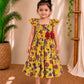 (CF015) Mustard Yellow and Multicolor Traditional Floral Print Frock with Bow Accent