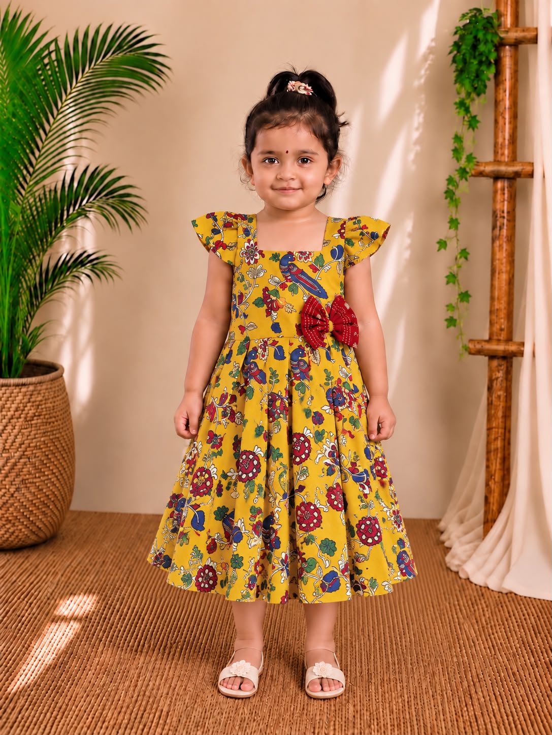 (CF015) Mustard Yellow and Multicolor Traditional Floral Print Frock with Bow Accent