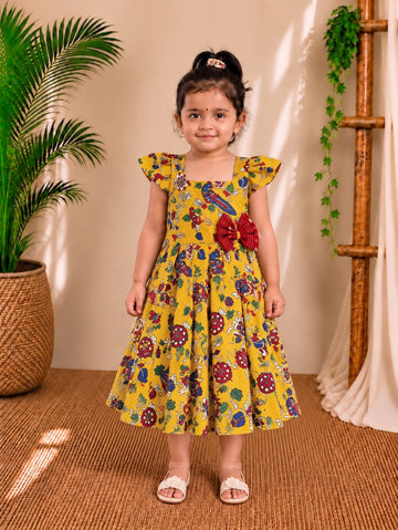 (CF015) Mustard Yellow and Multicolor Traditional Floral Print Frock with Bow Accent