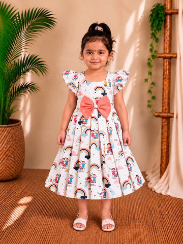 (CF017) Whimsical Rainbow and Friends Print Pleated Frock