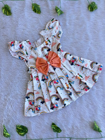 (CF017) Whimsical Rainbow and Friends Print Pleated Frock