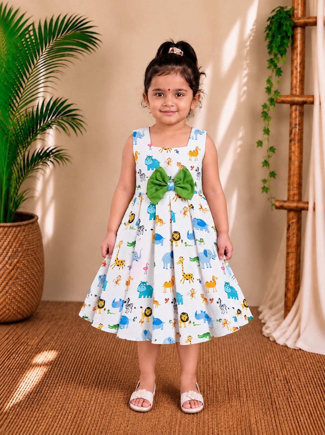 (CF018) Playful Safari Animal Print Frock with Green Bow Detail