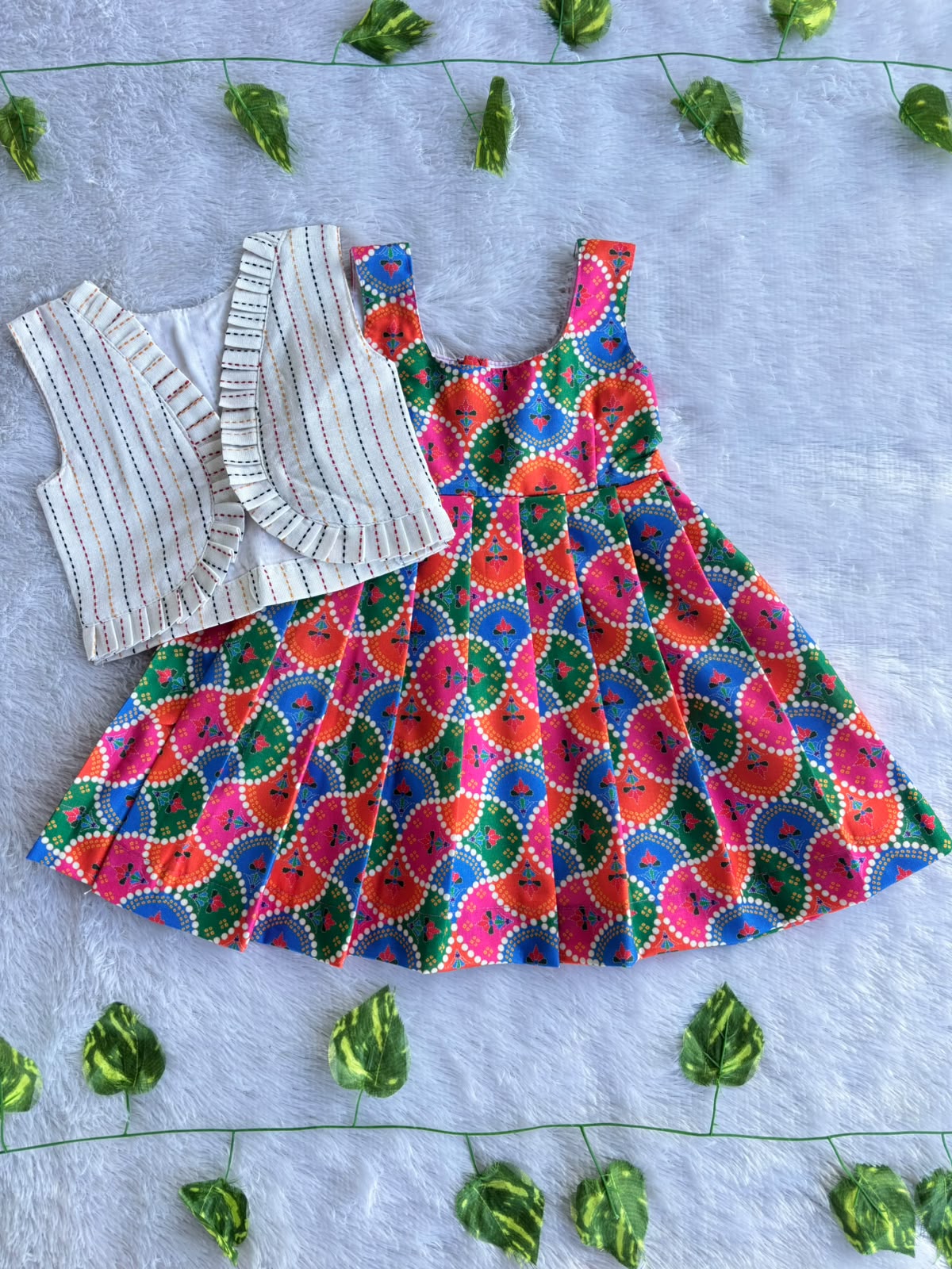 (CFC001) Vibrant Mandala Print Girls' Sleeveless Pleated Dress with Stripes coat model