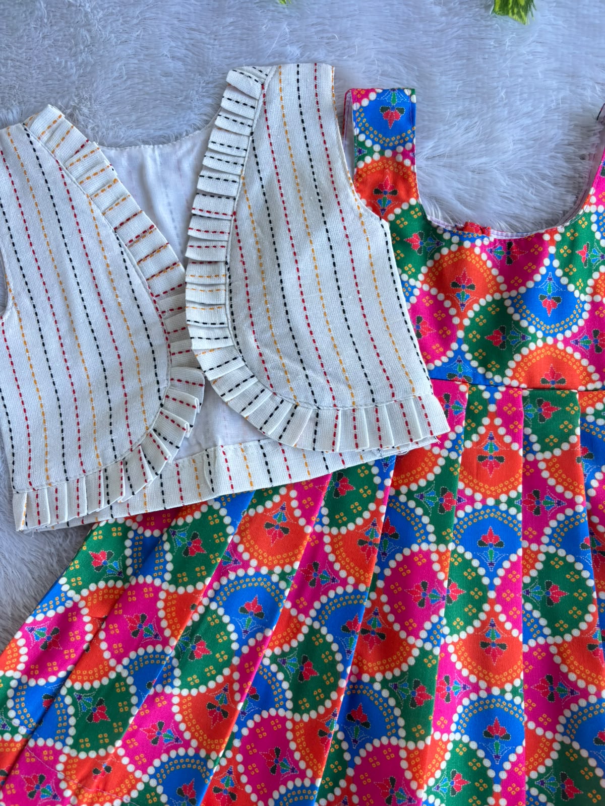 (CFC001) Vibrant Mandala Print Girls' Sleeveless Pleated Dress with Stripes coat model