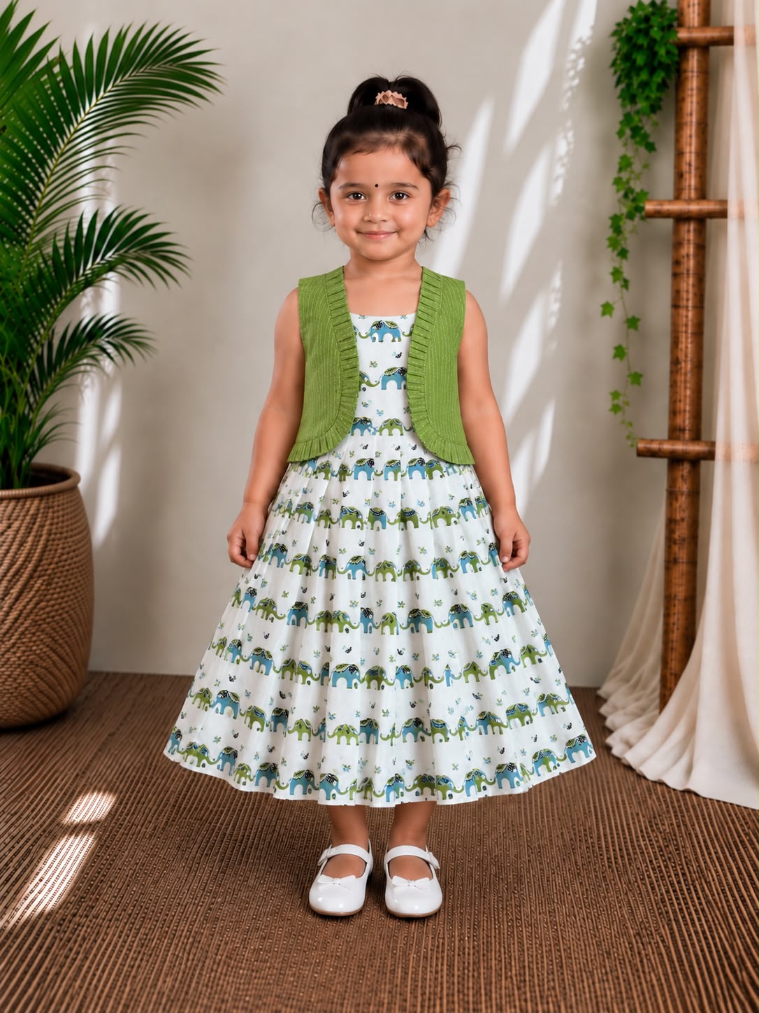 (CFC002) Playful Elephant Print Girls' Pleated Dress with Green Jacket