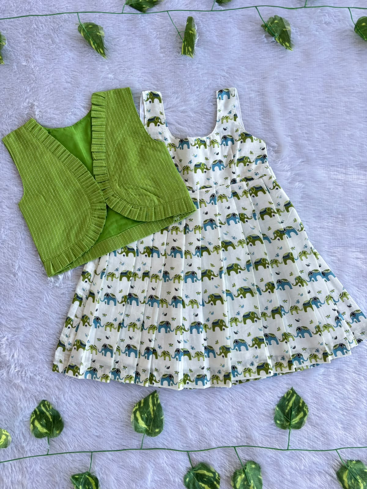 (CFC002) Playful Elephant Print Girls' Pleated Dress with Green Jacket