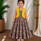 (CFC003)Dark Navyblue Kalamkari Floral Girls' Dress with Yellow Hakoba Jacket