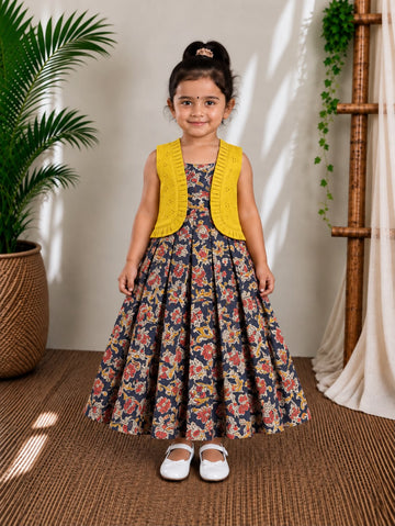 (CFC003)Dark Navyblue Kalamkari Floral Girls' Dress with Yellow Hakoba Jacket