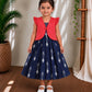 (CFC004) Classic Navy Blue Ikat Girls' Dress with Red Ruffled Jacket