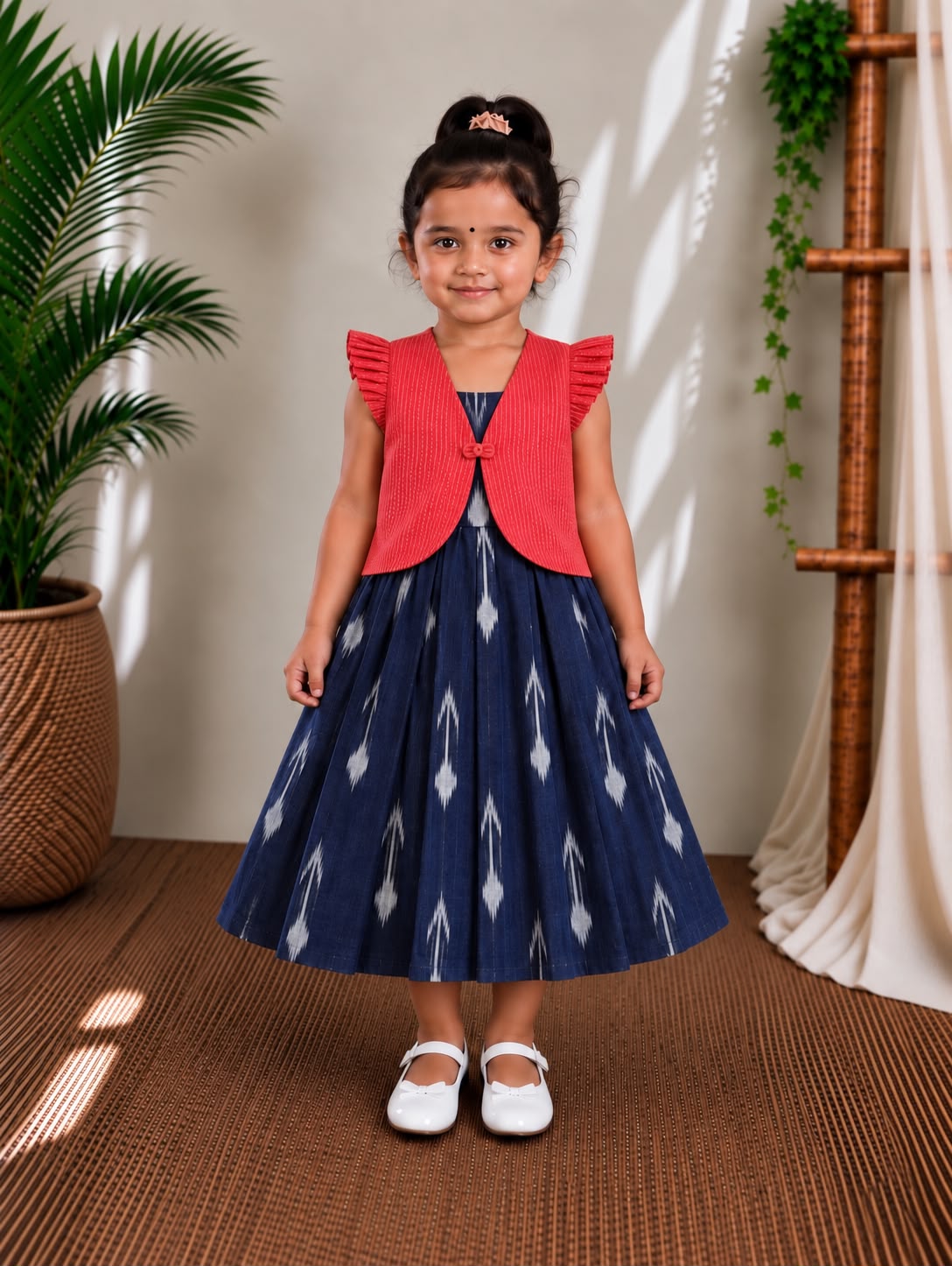 (CFC004) Classic Navy Blue Ikat Girls' Dress with Red Ruffled Jacket