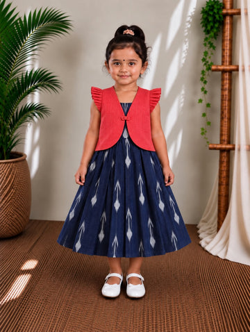 (CFC004) Classic Navy Blue Ikat Girls' Dress with Red Ruffled Jacket