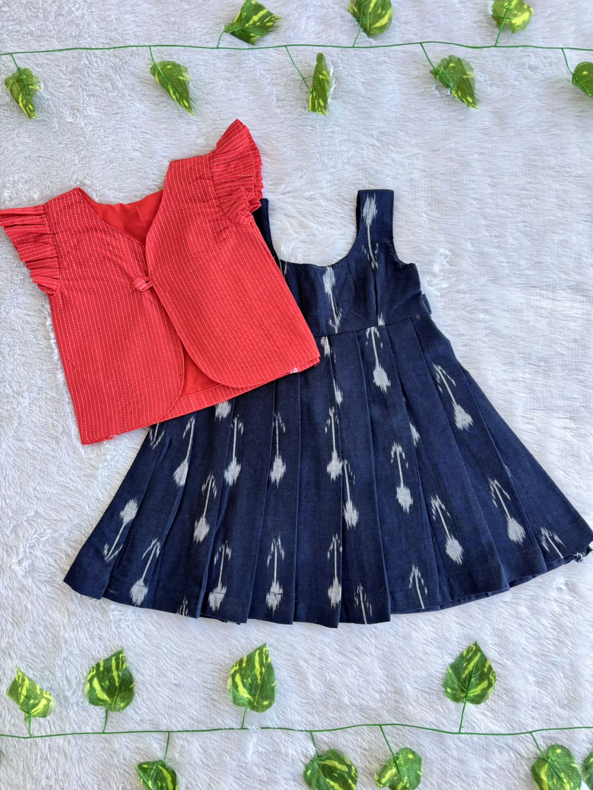 (CFC004) Classic Navy Blue Ikat Girls' Dress with Red Ruffled Jacket