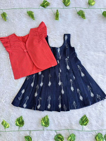 (CFC004) Classic Navy Blue Ikat Girls' Dress with Red Ruffled Jacket