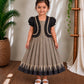 (CFC005) Subtle Beige & Black Temple Border Girls' Dress with Puff-Sleeve Jacket