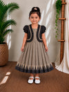 (CFC005) Subtle Beige & Black Temple Border Girls' Dress with Puff-Sleeve Jacket