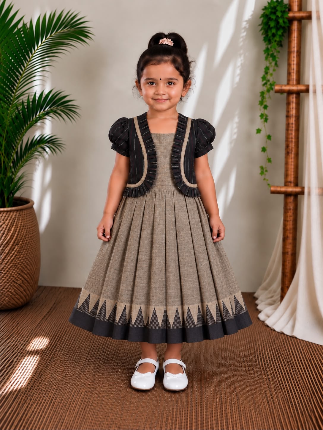 (CFC005) Subtle Beige & Black Temple Border Girls' Dress with Puff-Sleeve Jacket