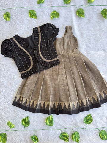(CFC005) Subtle Beige & Black Temple Border Girls' Dress with Puff-Sleeve Jacket