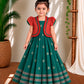 (CFC006) Vibrant Red Jacket with Green Pleated Ethnic Dress Set