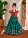 (CFC006) Vibrant Red Jacket with Green Pleated Ethnic Dress Set
