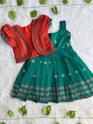 (CFC006) Vibrant Red Jacket with Green Pleated Ethnic Dress Set