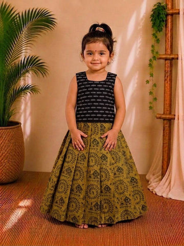 (CTS010) Elegant olive green and black tribal print Lehenga set.