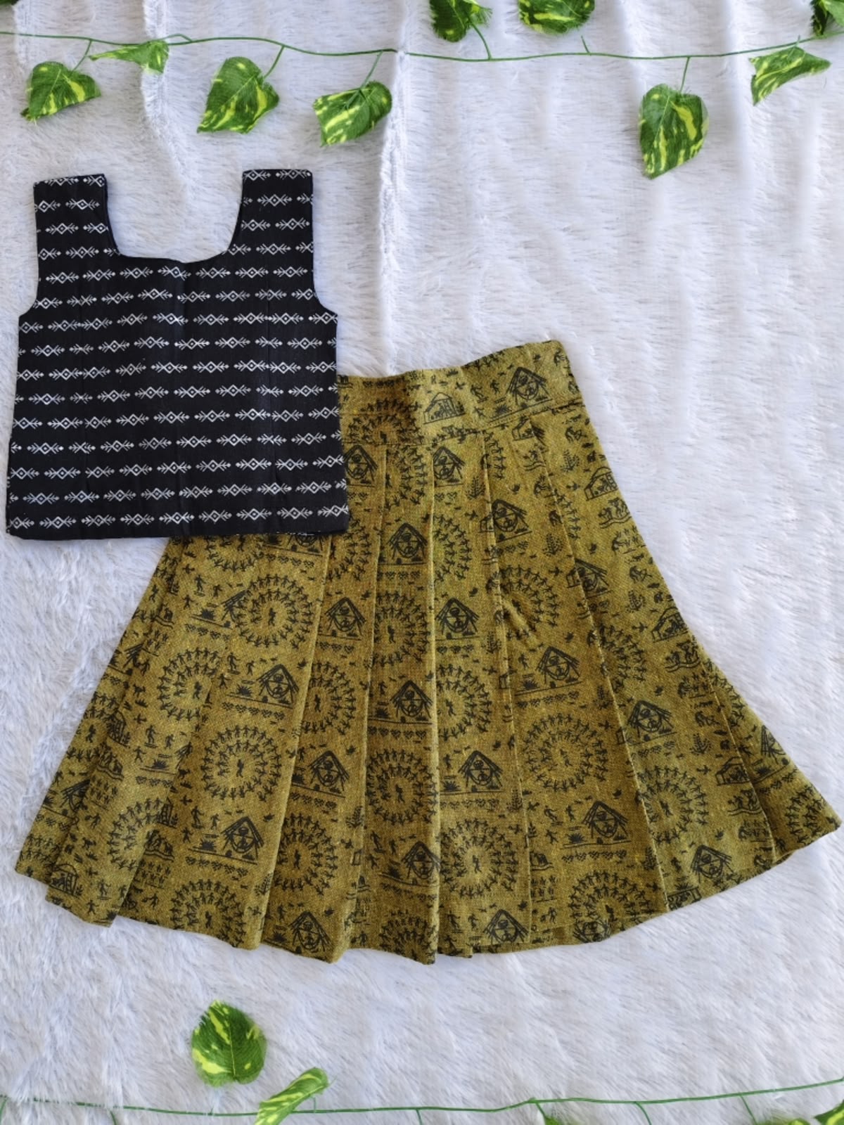 (CTS010) Elegant olive green and black tribal print Lehenga set.