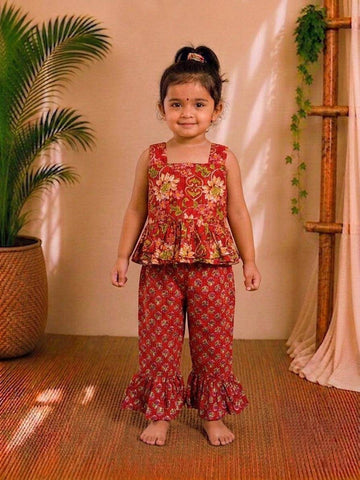 (CTP009) Floral Red Print Co-ord Top and Pant Set